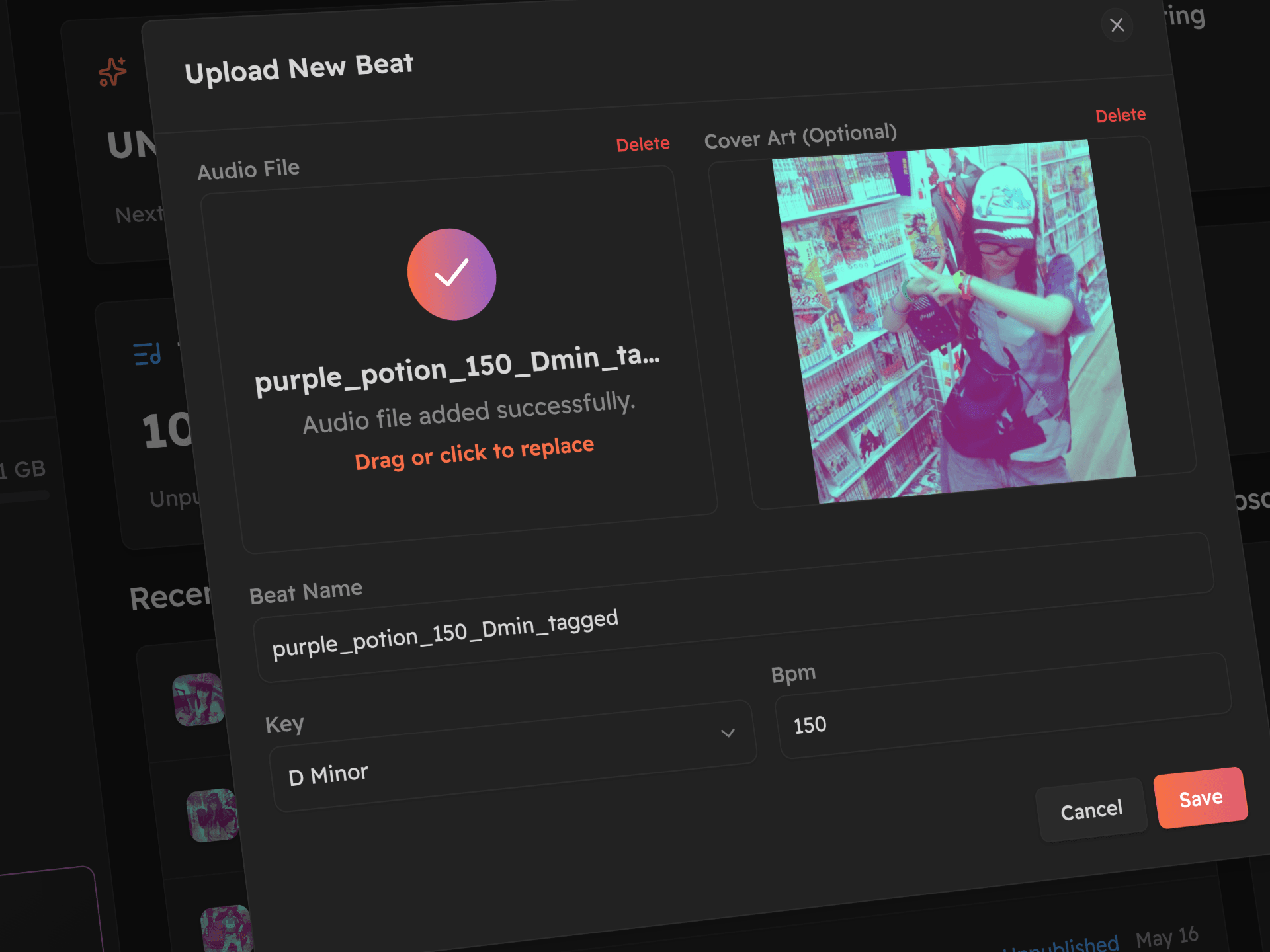 Upload Audio & Cover dark theme